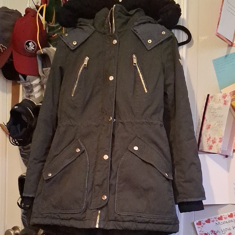 Dark Gray Hooded Jacket with Gold Accents